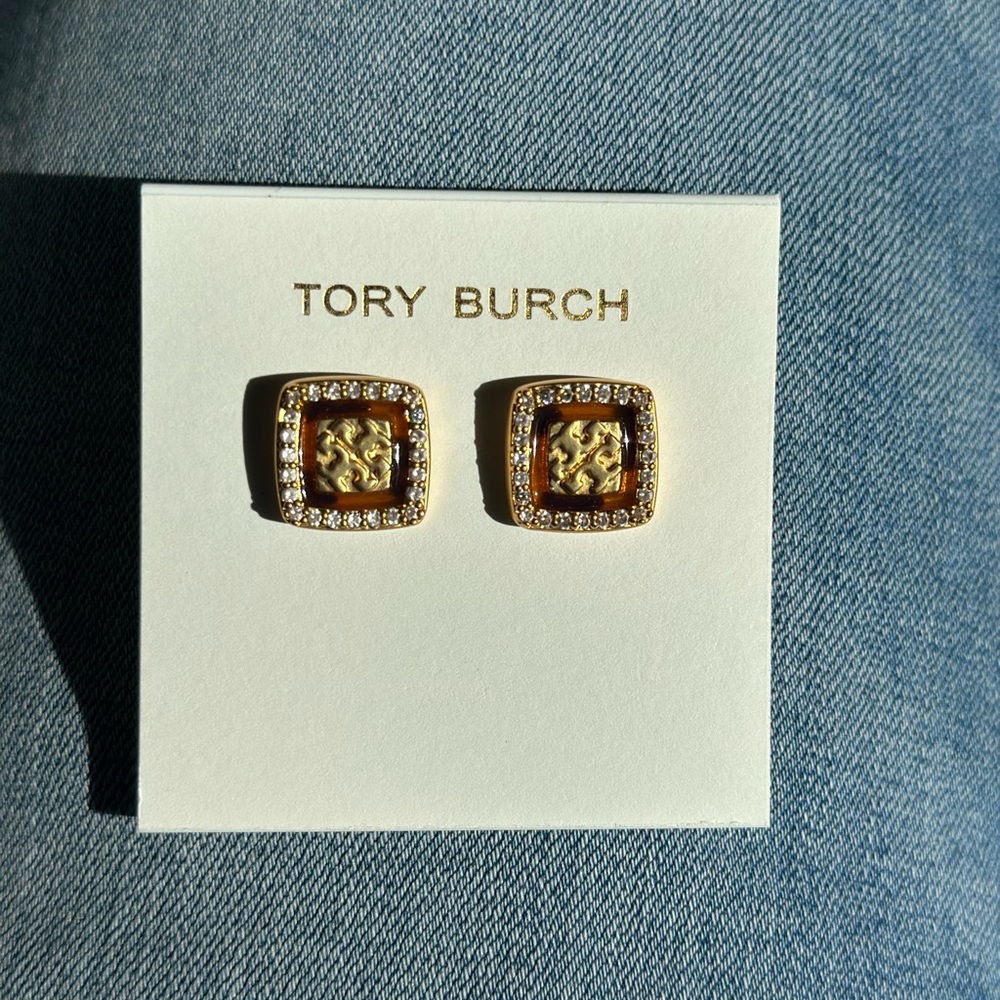 Tory Burch McCoy Gold and Tortoise Pave Stud Earrings